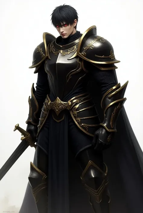  A knight in black armor with gold details, short black hair with red eyes , white pele, Holding a sword, Man with a sturdy body

