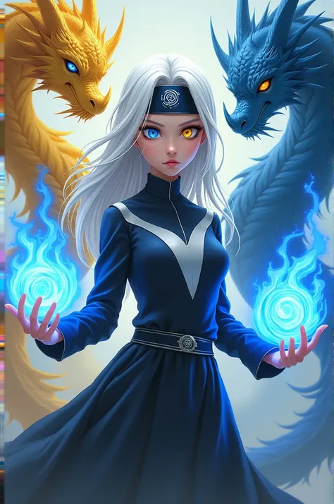 A girl with white hair with her left eye yellow and right eye blue , wearing a ninja costume with the Naruto band around her waist with two dragons, one yellow and one blue, and two blue fireballs. 