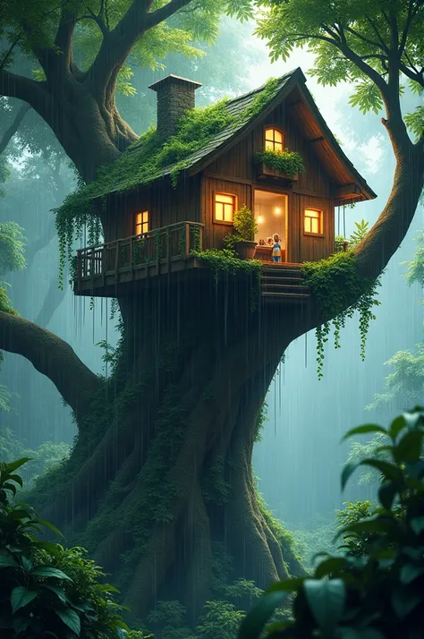 Image relaxing rain forest in a tree house top of a tree give some idea 