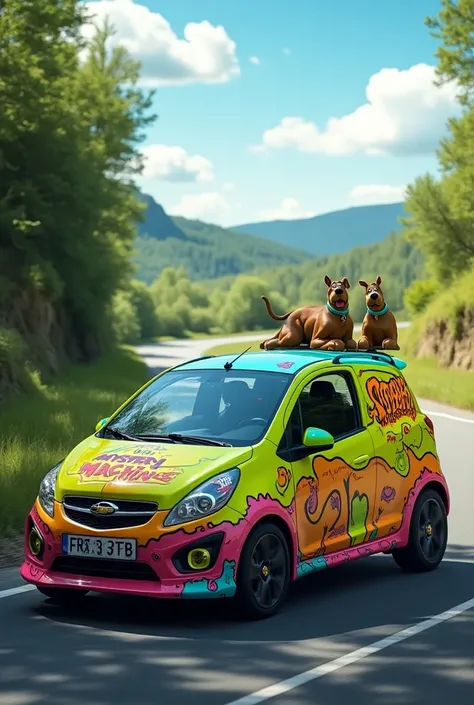 Create the image of a Corsa wind 1.6 two-door with the Scooby-Doo Mystery Machine themed painting