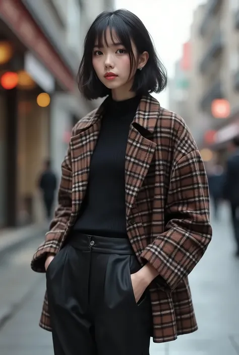  she wears a plaid oversized jacket, which is a trend she is concerned about、 cigarette pants 。  The hairstyle is a glossy, cool short bob unique to Japanese women, and a simple and elegant fall style with 、Sharpen your face 