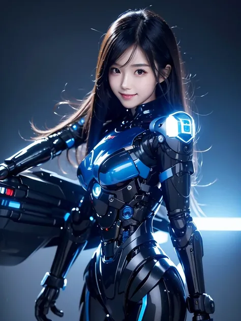 Japanese female android, cute face, smile, black long hair, black and blue robot suit, black and blue mechanical part, black and blue cyborg joint, full body, plain background