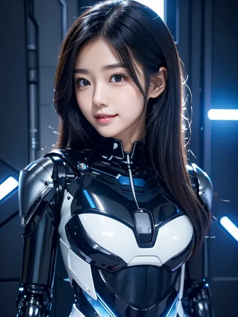 japanese female android, cute face, smile, black long hair, black and blue robot suit, black and blue mechanical part, black and...