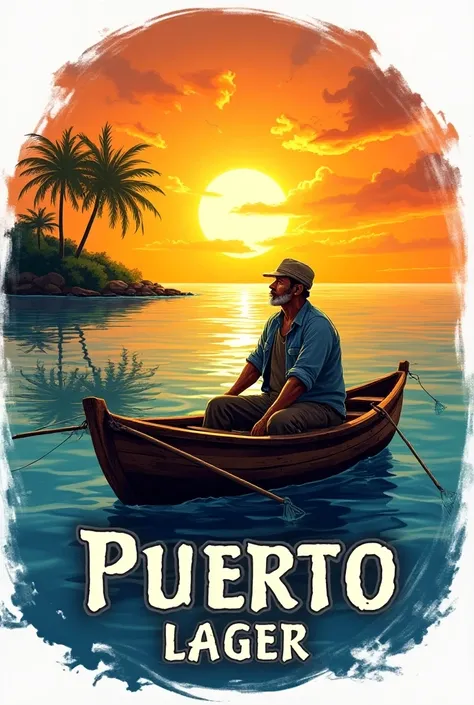 CREATE THE LOGO FOR A BEER THAT CONTAINS THE NAME PUERTO LAGER THAT CONTAINS THE IMAGE OF A FISHERMAN IN HIS BOAT AT SEA NEXT TO AN ISLAND AND THE SUNSET IN THE BACKGROUND