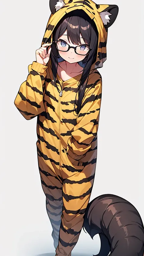  1 girl, black hair, Glasses,Tiger costume, cute,grassland