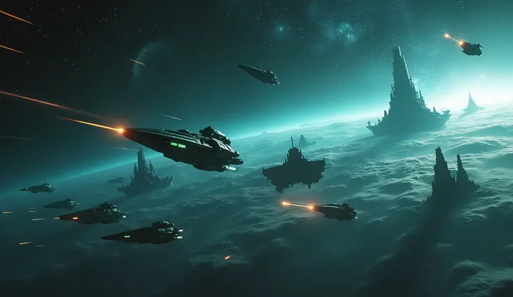 "Depict a cosmic battlefield where Earth-led starships and alien allies stand united against a massive, ominous imperial fleet retreating into the dark expanse of space. Highlight the contrast of Earths vibrant blue-green ships glowing with resilience, aga...