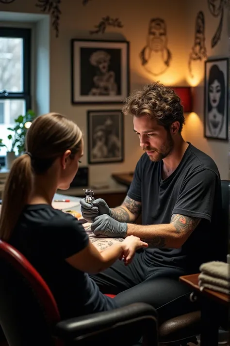  a cozy and well-lit tattoo studio ,  with walls adorned with art and sketches of unique designs . in the center, a tattoo artist with a focused and detailed expression,  holds a tattoo machine while working on the arm of another person who is sitting in a...