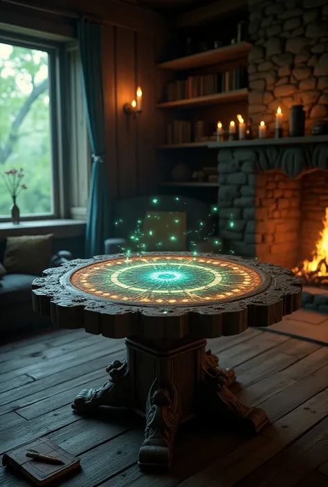 table with magical elements in a cabin  