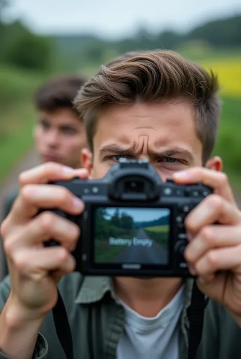  "Close-up of a young man holding a camera with a frustrated expression, seeing the Battery Empty message on the screen. The setting is outdoors, either near a river or village path, with green fields surrounding them. His friend looks on, concerned. The b...