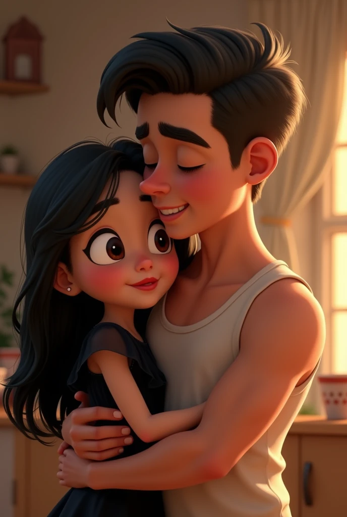  Disney Pixar A white-skinned girl long black hair i straight red lips black dress radiant eyes 
Big coffees hugging 
A Mexican boy brown eyes short black hair without a beard slap white skin thick lips big arms 