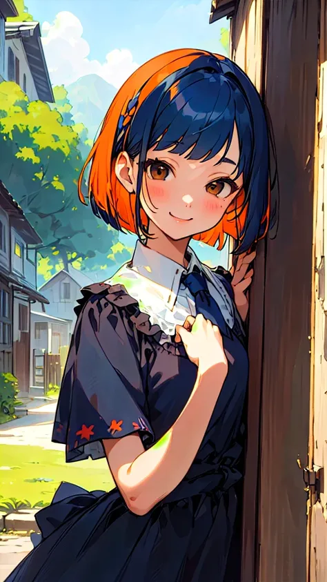 (masterpiece、Best Quality、Super detailed、Illustration)、 dark blue hair 、 bob cut from the front、 jet black brown eyes 、 ties her hair with orange hair clips、smile、 beautiful face、 perfect body、 1 girl、solo、 dress、 strap、village、Old house、Outdoor、Folklore、L...