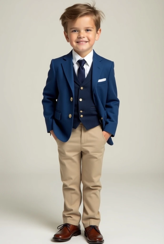  I would like to create a boy with a blue jacket,  navy blue vest and navy blue tie ,  with white shirt with bottom buttons , besh pants and brown shoes   