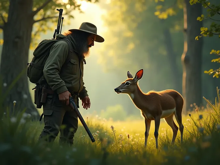 "Have mercy on me." The hunter looked into the deers innocent eyes and left him and promised that he would not hunt for no reason in the future. This story teaches us mercy and compassion