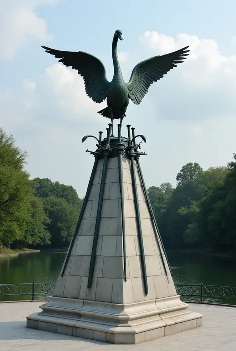 I want a triangular base with three swords on top of the base and a beautiful statue of a swan holding a sword on top of the three swords.