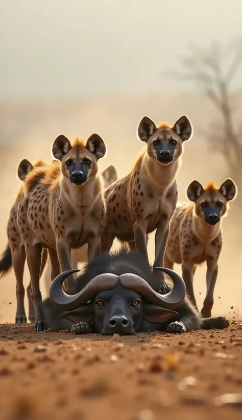 "A realistic, highly detailed image of a victorious hyena pack standing over a fallen buffalo in the savannah. The hyenas appear fierce and triumphant, while the buffalo lies motionless, symbolizing its defeat. The dry, dusty setting adds to the drama, wit...