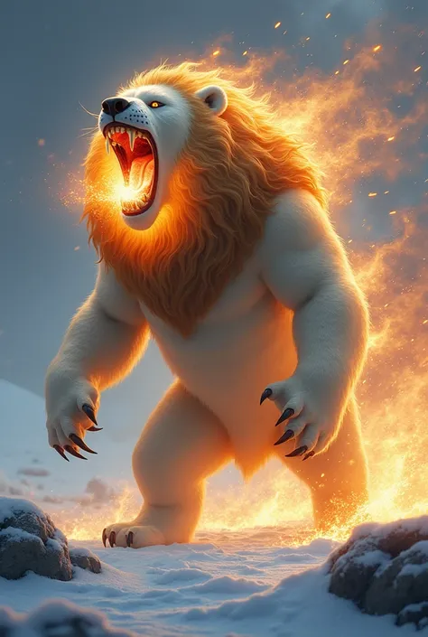 Generate a hybrid of a polar bear and a lion , That he is at the North Pole that they have half bear and half lion features and that he is furious throwing fire through his mouth