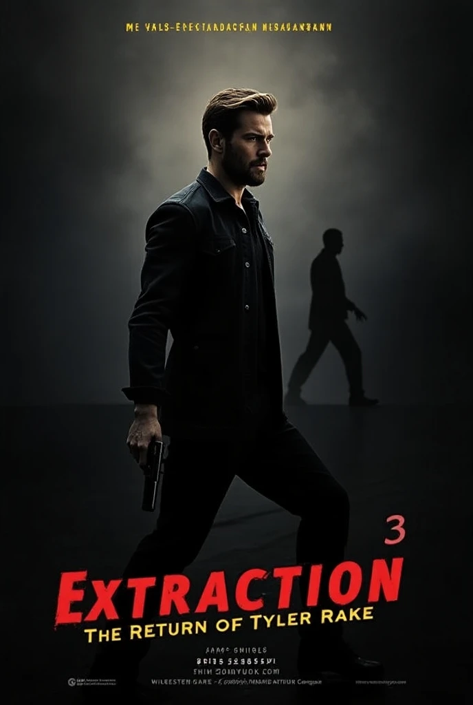 "A cinematic poster for the action thriller movie Extraction 3, featuring a minimalist but powerful composition. Chris Hemsworth as Tyler Rake stands in the center with a fierce expression, gripping a gun in a determined stance. The background is dark with...