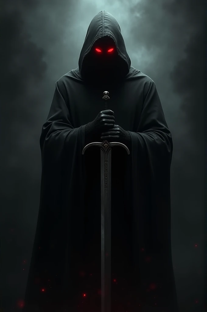  A person dressed all in black with a black cover and their eyes are red. If they have a sword in their chest with both controls 