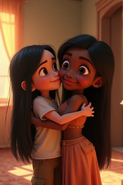 Disney Pixar animated a white-skinned boy short brown eyes without a beard slap and big arms a little chubby 
Hugging a girl with long straight black hair shed in red with thick lips i red big brown eyes with radiant hips