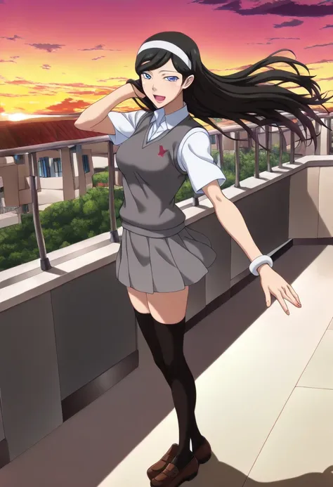 masterpiece, best quality, amazing quality, highres, absurdres, very aesthetic, high resolution, ultra detailed, perfect details, 1girl, looking at viewer, outdoors, school, rooftop, medium breasts, kumashiro maya, long hair, swept bangs, black hair, white...