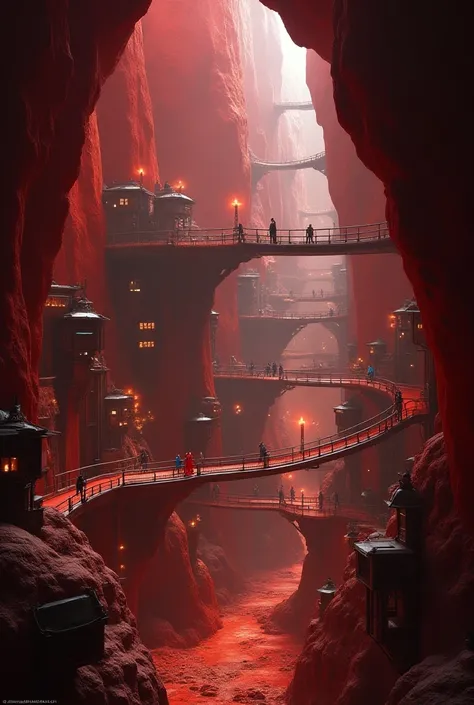 An enclosed cave ,  wash red stone bridges everywhere , light poles, tvs, houses,  cyberpunk buildings , Cyberpunk Castle,  red stone bridges , Cyberpunk stores , streets, flying demons,  blocks walking across the bridges.