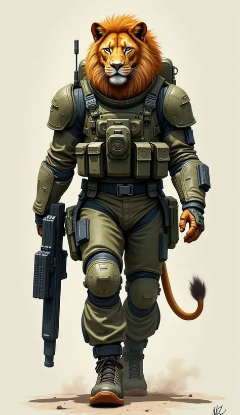 Create a detailed illustration of a humanoid lion man wearing futuristic army uniforms, specifically a uniform that is both new and unique in its design. The humanoid lion man is depicted walking straight, with both hands holding heavy futuristic guns. The...