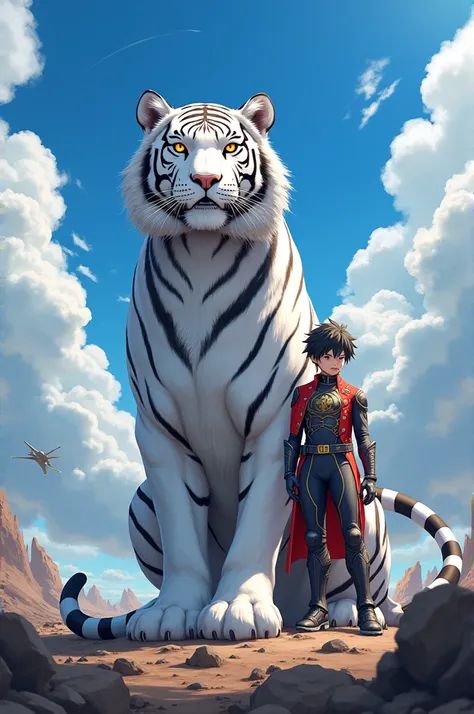 Anime white tiger sitting with a anime hero
blue sky 
war background