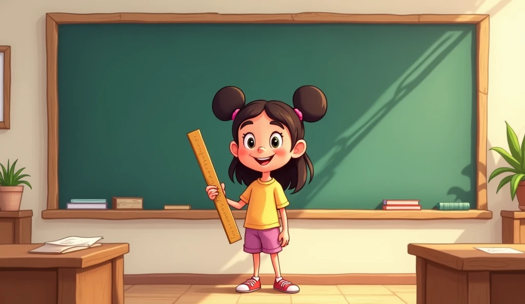 The girl is holding a ruler standing in front of the board, the board is blank, disney cartoon style.