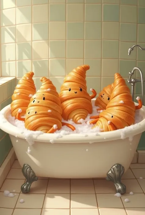 Croissants bathing and rubbing in a bathtub 