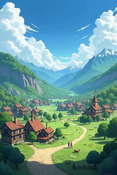 有一幅画描绘了山中一个有教堂的village,   animated rural landscape  , 远处的village背景, Anime scene concept art, Anime Landscape, village ，  Unreal Engine , Anime scene, beautiful Anime scene, anime Background Art, Town Background, Fantasy town setting ,  medieval fantasy tow...