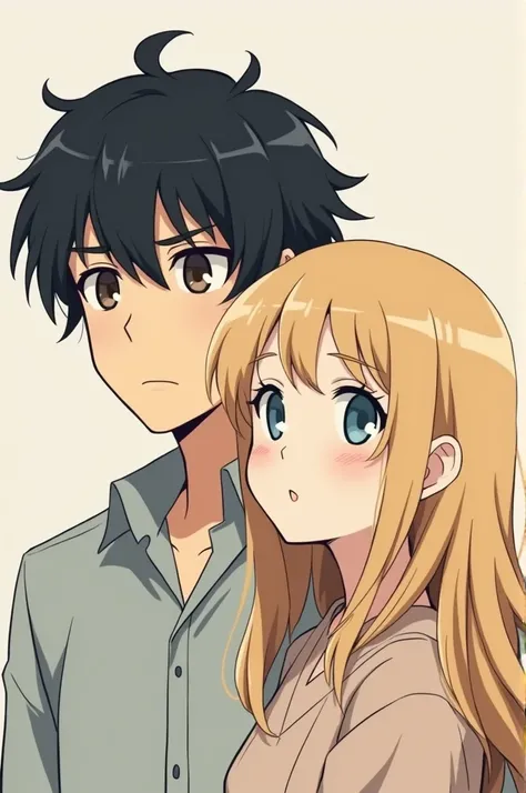 Create an anime-style image of a man with semi-wavy black hair with a bad face and dark brown eyes next to a slightly shorter girl with long, semi-wavy blond hair with light blue eyes 