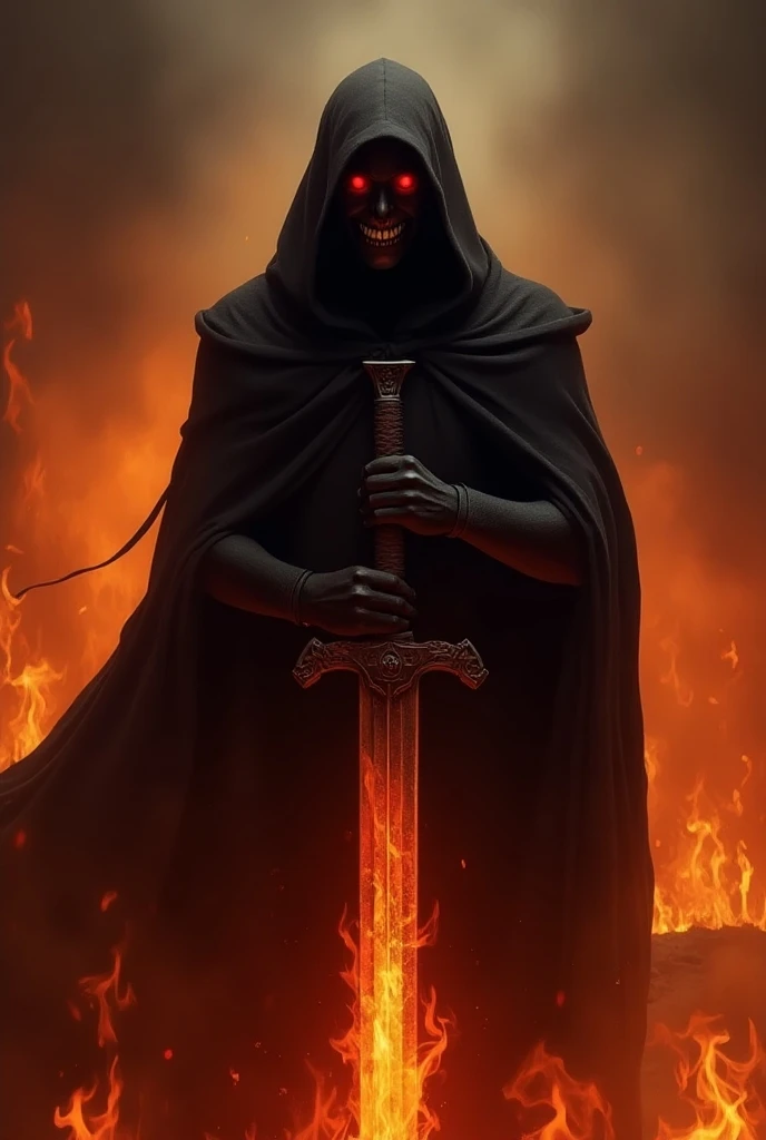  A person dressed all in black with a black cover and their eyes are red. If they had a sword in their chest with both controls with fire in the background and with an evil smile on their face