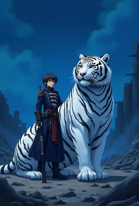 Anime white tiger sitting with a anime hero
blue night sky 
war background