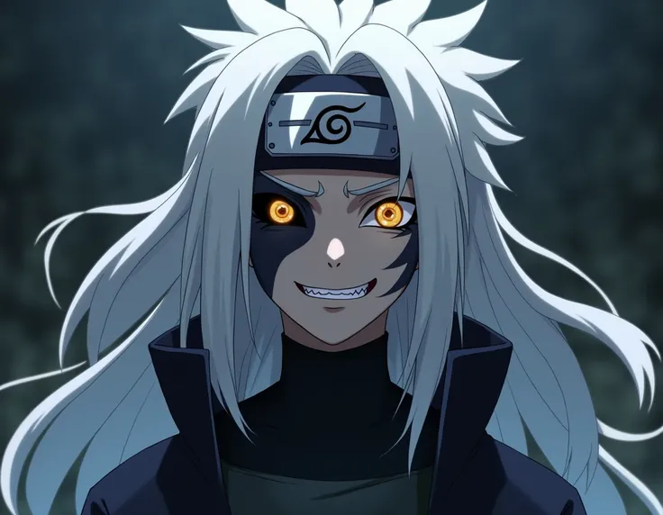  Young  Shinobi anime boy transformed, LONG WHITE HAIR, abnormal dark skin , evil smile,  golden eyes, black sclera,  black jacket and konoha headband 