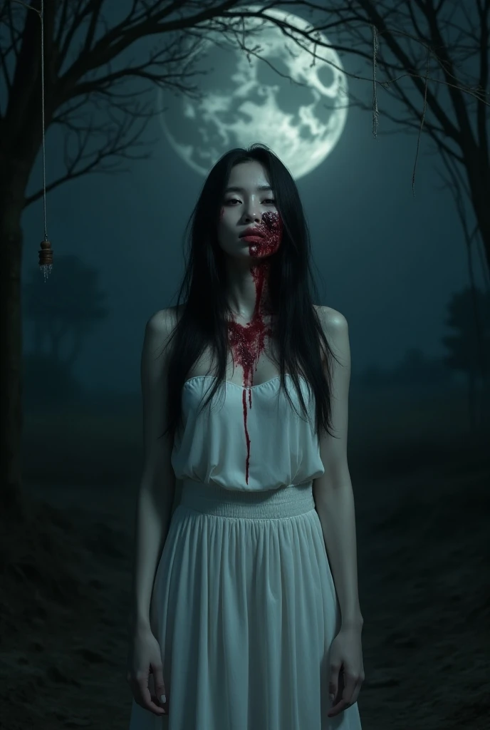 Thai woman in her 30s, pale white face, long hair down, covering her face full of red water, with a wounded neck, wearing a white dress with a long skirt, standing under a tree at night, with the moon, the atmosphere of Wang Weng is terrifying.