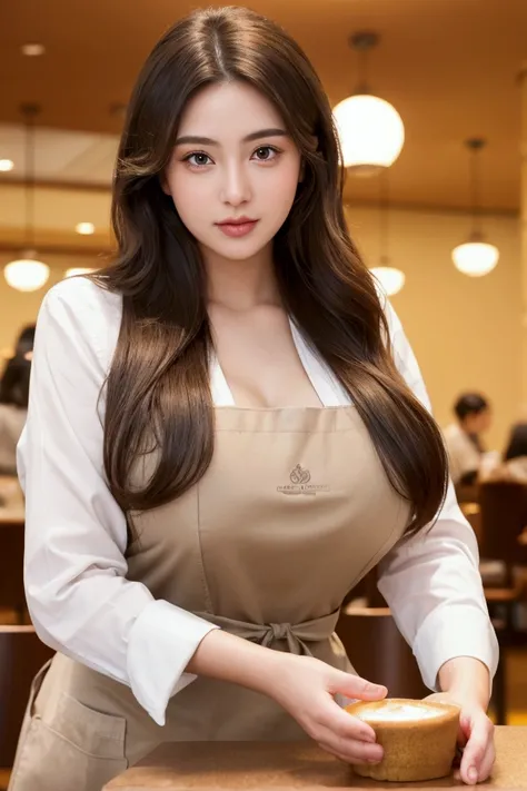 a beautiful young woman with large breasts working as a clerk in a cafe in Marunouchi, Tokyo, intricate detailed portrait, photorealistic, cinematic lighting, warm color tones, 1girl, extremely detailed face and eyes, delicate facial features, long eyelash...