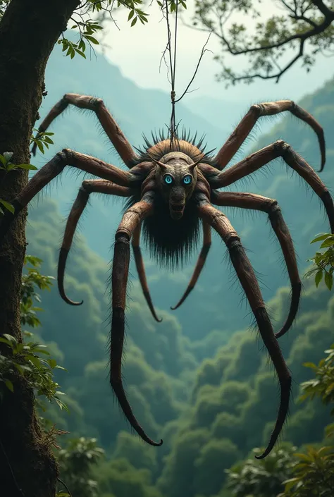 A fusion of human and spider, suspended dramatically from a towering tree in the heart of a vast, untouched jungle, captured in a wide, cinematic shot. The character hangs effortlessly, his six sleek, muscular arms extending from his back and gripping the ...