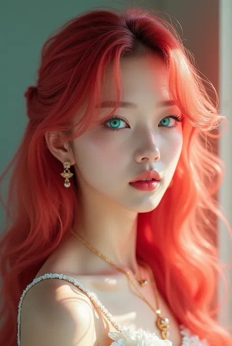  A girl with cherry-colored hair with turquoise eyes, fair skin and Japanese looks. Kpop idol 