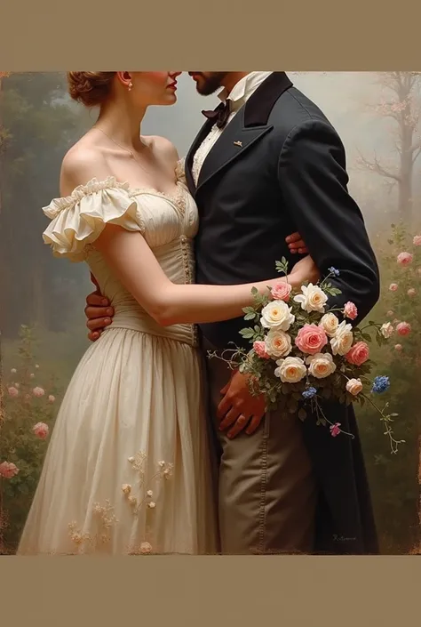 picture of a man and a woman, parts of the torso , holding hands,  in the hand and women flowers ,  flowers near the chest in the hand ,  the other hand of the woman in the mans hand,  romantic era painting ,  Frederick Leighton ,  Frederick Lord Leighton ...