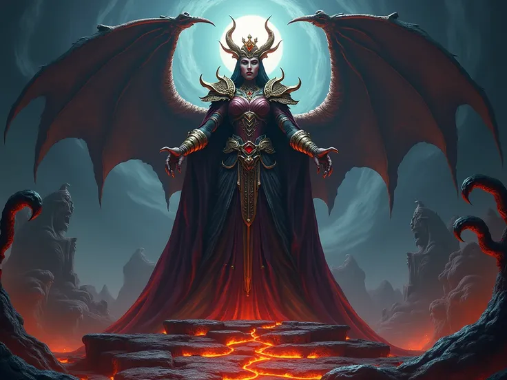 Queen of the Underworld, adorned in ancient, infernal regalia, standing atop a twisted throne of dark obsidian. Her expression fierce and commanding, her presence casting a powerful aura of fear and majesty. Her realm is a haunting landscape filled with sw...