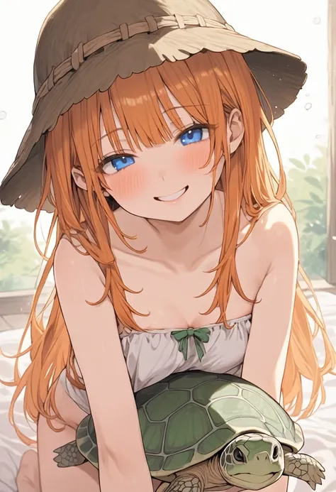 masterpiece,  best quality, 1 person、 orange hair、 blue eyes、 long hairstyle、Petite、Small breasts、 red cheeks 、smile、morning、Heart of the Prairie 、turtle costume 、 out of your belly button、Shoulder Bare、 cleavage 、turtle hat ，big turtle 