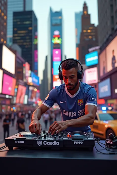 (photorealism:1.2),neymar with dj  system, neymar one hand on dj system and another one on Headphone, Neymar in Al Hlal SFC jersey,New York time square