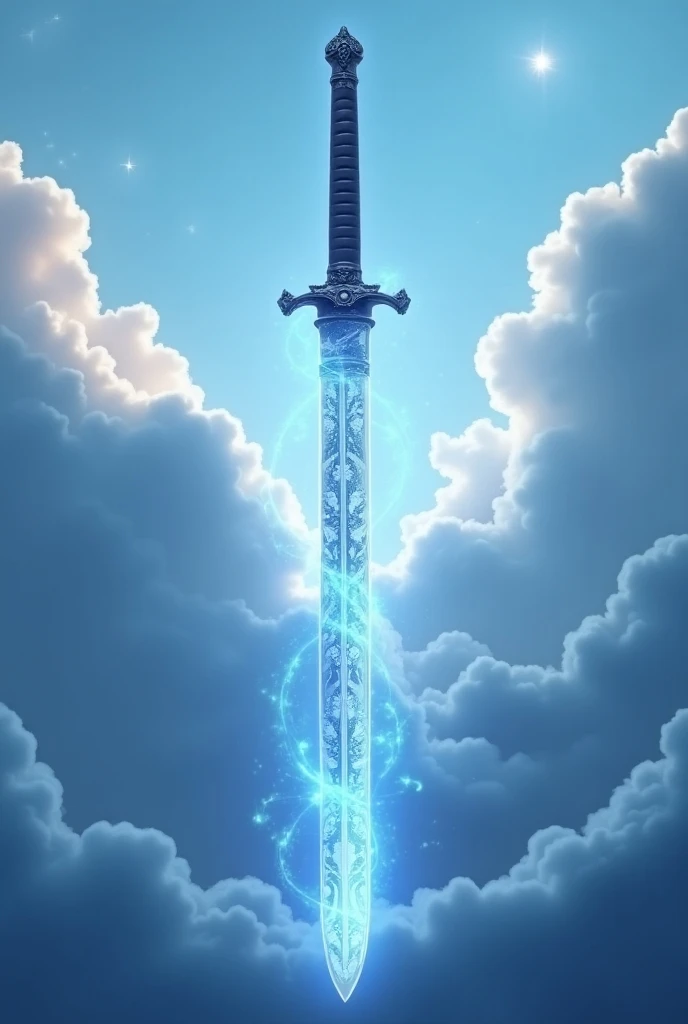  Generate an image of a magical katana with an impressive design .  The blade of the katana is adorned with intricate patterns of heavenly clouds that shine with a soft and mystical aura.  The steel seems pure and shiny ,  showing an elegant and ancient st...