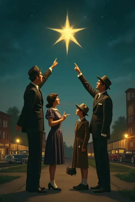  in costumes from the 40s pointing to a star 
