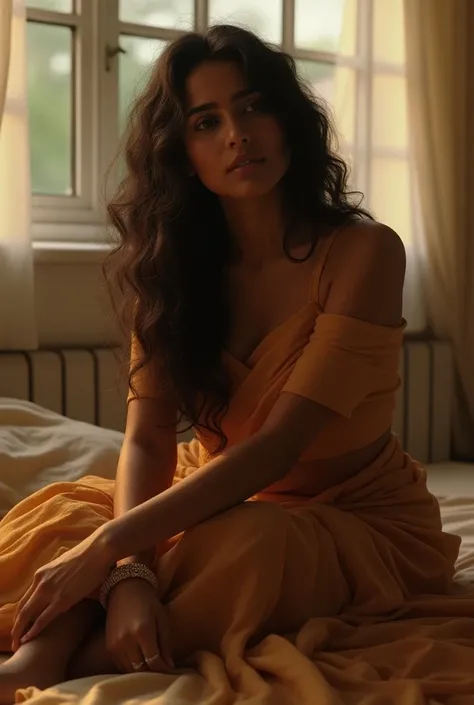 (photorealism:1.2), beautiful 29 year old Odia woman, sitting on bed, wearing loose off-shoulder blouse and saree, long curly hair, indoors, soft lighting,window with sunlight, cozy room, relaxed pose, realistic, intricate details, warm color, wearing ankl...