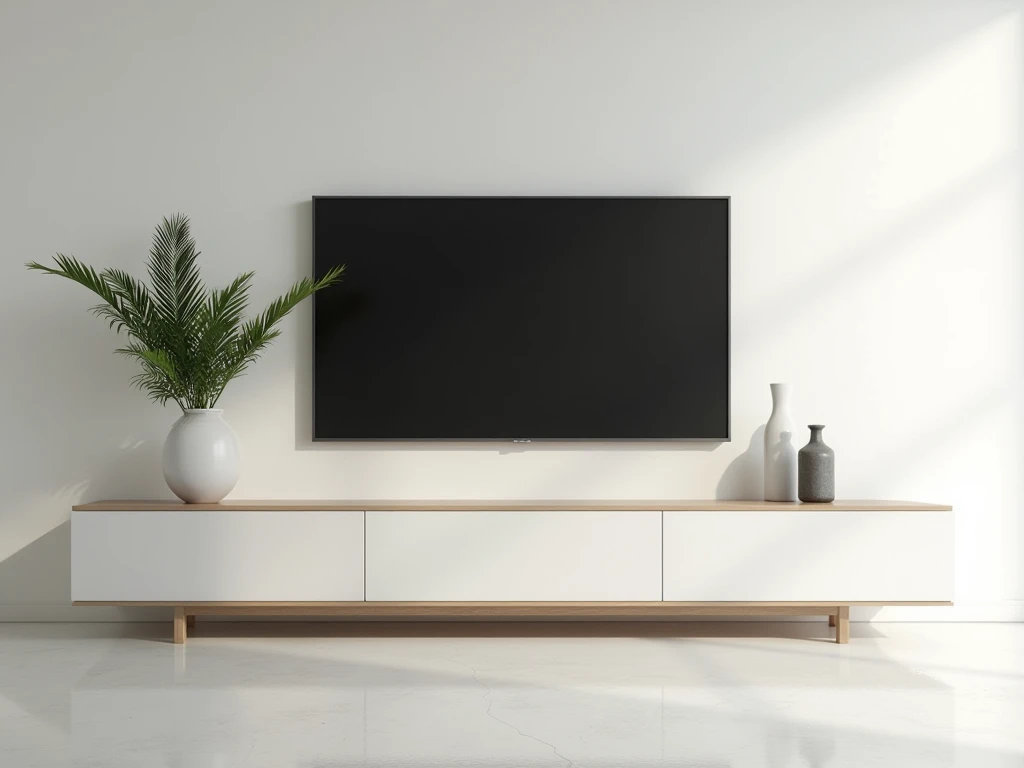  there is a TV on the wall with a plant in a vase,  cabinet furniture , modern style, moderno y minimalist, Modern minimalist, Limpio y ordenado, modern look,  simple and clean lines ,  minimally modern ,  Clean and pristine design , 4k!!!, by William Mura...