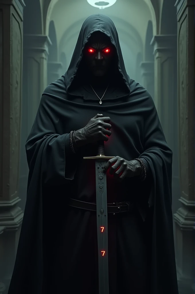   person dressed all in black with a black face covering and his eyes are red .  If they have a sword in their chest with the 2 controls and letters that say 7. In front of his sword and belly 