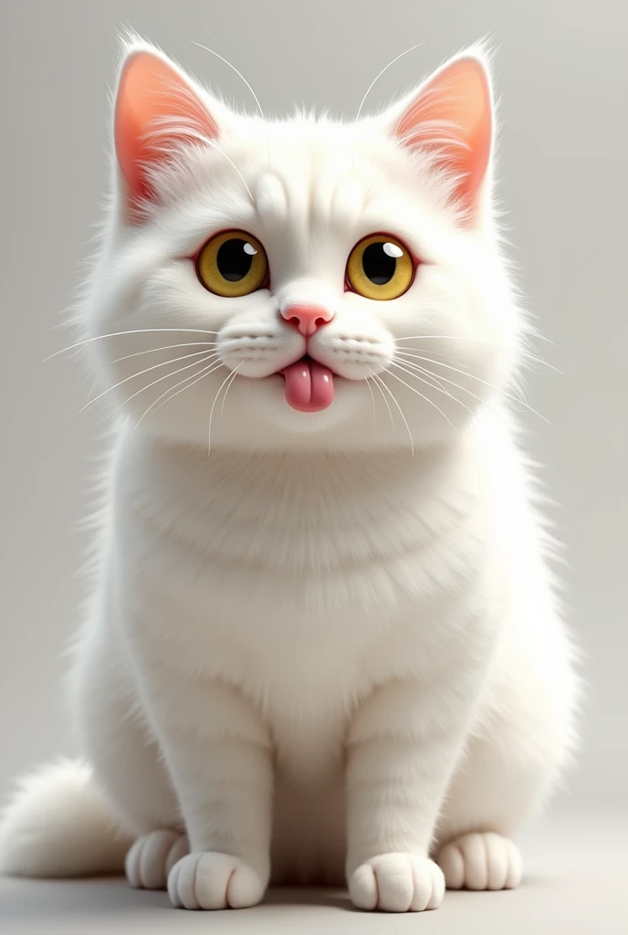 A big British white cat with yellow big eyes licks and shows its face to the viewer