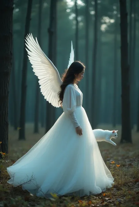 Beautiful korean  girl 28years  look kamera wearing white long dress that expands like the winng so big  on her body there are huge feather wings that are carrying an injured white cat  hurt around a forest of trees that are arid moon  stars at night  75k ...