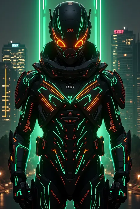 Photorealistic, A cyberpunk graphic futuristic SXR design with black and gray, orange tones, featuring intricate curves and futuristic glowing green geometric shapes. The background is a city with neon-lit high-rise buildings. There are also SXR icons and ...